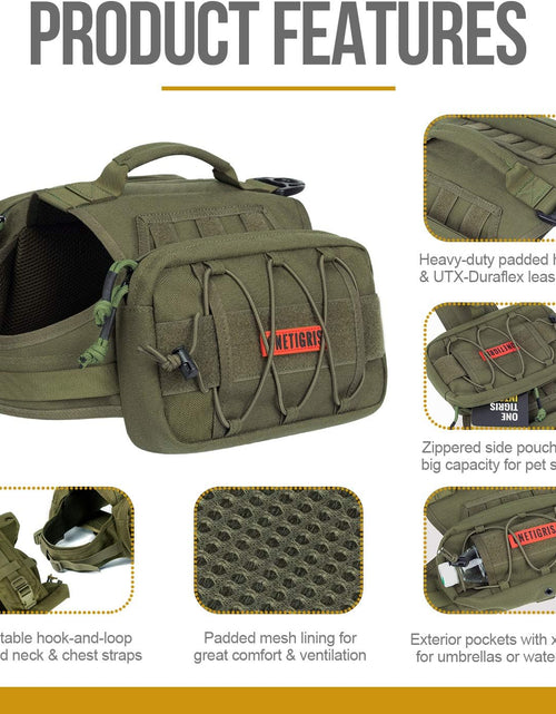 Load image into Gallery viewer, Dog Backpack for Medium & Large Dogs, Nylon Backpack for Dogs Tactical Pet Backpack with Side Pockets for Hiking Walking Training Running (Green, Large)