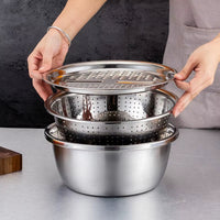 KitchenPro 3-in-1 Stainless Steel Drain Basket – Multifunctional Colander, Vegetable Slicer & Grater for Effortless Food Prep