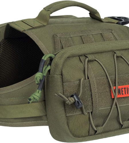 Dog Backpack for Medium & Large Dogs, Nylon Backpack for Dogs Tactical Pet Backpack with Side Pockets for Hiking Walking Training Running (Green, Large)