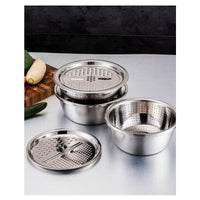 KitchenPro 3-in-1 Stainless Steel Drain Basket – Multifunctional Colander, Vegetable Slicer & Grater for Effortless Food Prep