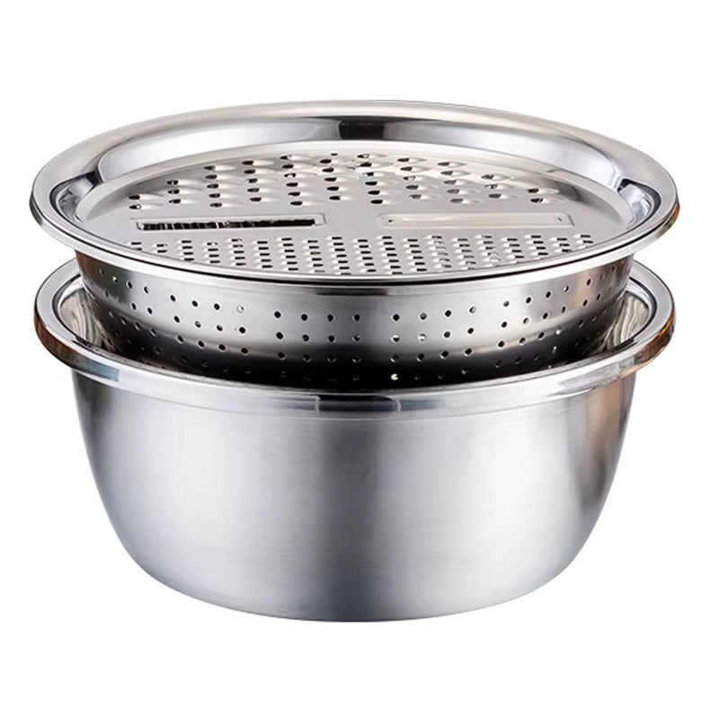 KitchenPro 3-in-1 Stainless Steel Drain Basket – Multifunctional Colander, Vegetable Slicer & Grater for Effortless Food Prep