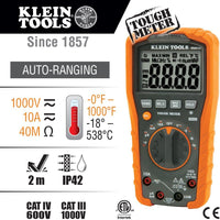 MM600 Multimeter, Digital Auto-Ranging, AC/DC Voltage and Current, Temperature, Frequency, Continuity, More, 1000V, Orange