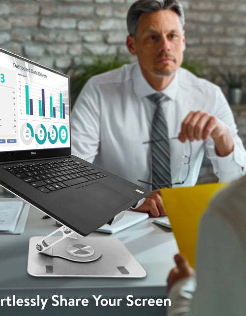 Load image into Gallery viewer, Swivel Laptop Stand for Desk – Adjustable Laptop Stand for Desk 360 Rotation – Raise, Tilt, Rotate, Cool Laptops with This Ergonomic Laptop Riser for Desk Ipad Stand Laptop Cooling Pad (Silver)
