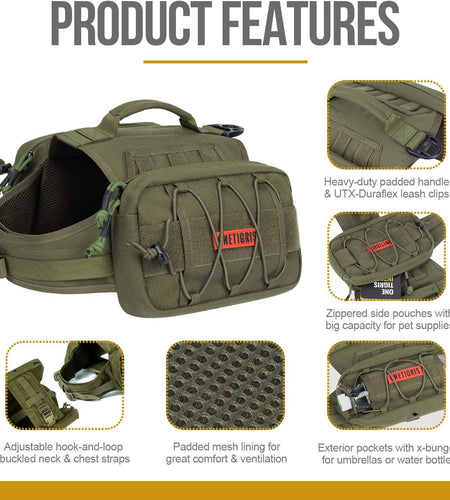 Dog Backpack for Medium & Large Dogs, Nylon Backpack for Dogs Tactical Pet Backpack with Side Pockets for Hiking Walking Training Running (Green, Large)