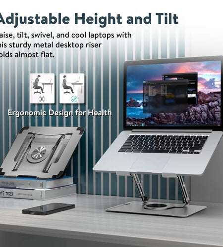 Swivel Laptop Stand for Desk – Adjustable Laptop Stand for Desk 360 Rotation – Raise, Tilt, Rotate, Cool Laptops with This Ergonomic Laptop Riser for Desk Ipad Stand Laptop Cooling Pad (Silver)