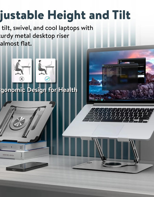 Load image into Gallery viewer, Swivel Laptop Stand for Desk – Adjustable Laptop Stand for Desk 360 Rotation – Raise, Tilt, Rotate, Cool Laptops with This Ergonomic Laptop Riser for Desk Ipad Stand Laptop Cooling Pad (Silver)
